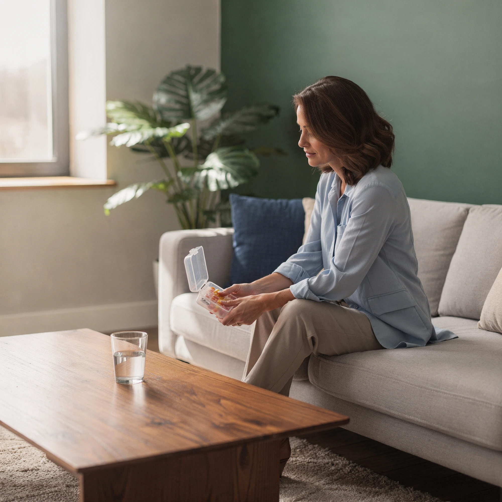 Woman on a sofa with medications on the table – medication management in Abington, PA